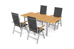 New Garten-Essgruppe mit 4 Klappstühlen, silber, Alu/Eukalyptus, ausziehbarer Tisch 150/200 x 90 cm, FSC®-zertifiziertes Produkt Garten-Essgruppen|Aluminium-Gartenmöbel
