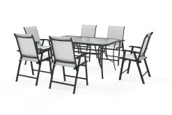 Sale Garten-Essgruppe mit 6 Klappstühlen, schwarz, Stahl/Textilene, Esstisch 150 x 90 cm Stahl-Gartenmöbel|Garten-Essgruppen