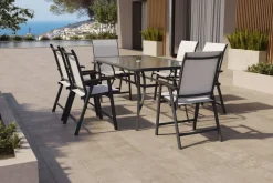 Sale Garten-Essgruppe mit 6 Klappstühlen, schwarz, Stahl/Textilene, Esstisch 150 x 90 cm Stahl-Gartenmöbel|Garten-Essgruppen