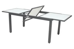 Garten-Essgruppe, 6 Personen, ausziehbarer Tisch 160–220 cm, Aluminium/Glas/Eukalyptus Garten-Essgruppen|Aluminium-Gartenmöbel