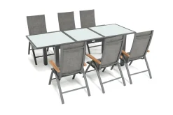 Garten-Essgruppe, 6 Personen, ausziehbarer Tisch 160–220 cm, Aluminium/Glas/Eukalyptus Garten-Essgruppen|Aluminium-Gartenmöbel