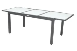 Garten-Essgruppe, 6 Personen, ausziehbarer Tisch 160–220 cm, Aluminium/Glas/Eukalyptus Garten-Essgruppen|Aluminium-Gartenmöbel