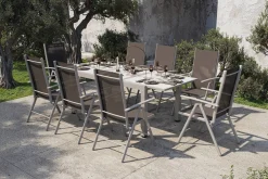Garten-Essgruppe, silber/schwarz, Alu/Textil, Tisch 160/220 cm, 8 Klappstühle Garten-Essgruppen