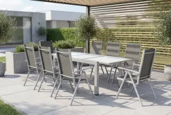 Garten-Essgruppe, silber/schwarz, Alu/Textil, Tisch 160/220 cm, 8 Klappstühle Garten-Essgruppen