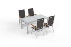 Hot Garten-Essgruppe, silber/anthrazit, Alu/Eukalyptus, Ausziehtisch 160/220 x 90 cm, inkl. 4 Klappstühle, FSC®-zertifiziertes Produkt Garten-Essgruppen