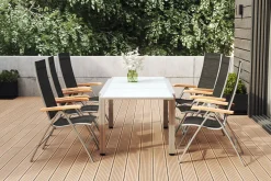 Discount Garten-Essgruppe, weiß/silber, Aluminium/Sicherheitsglas, Ausziehtisch 160/220 x 90 cm, 6 Klappstühle, FSC®-zertifiziertes Produkt Garten-Essgruppen|Aluminium-Gartenmöbel
