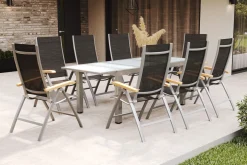 Hot Garten-Essgruppe, weiß/silber, Aluminium/Sicherheitsglas, Ausziehtisch 160/220 x 90 cm, 8 Klappstühle, FSC®-zertifiziertes Produkt Garten-Essgruppen|Aluminium-Gartenmöbel