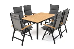 Online Lagos Garten-Essgruppe, 6 Personen inkl. Sitzkissen, ausziehbarer Tisch 150–200 cm, Aluminium/Eukalyptusholz FSC®-zertifiziert Garten-Essgruppen