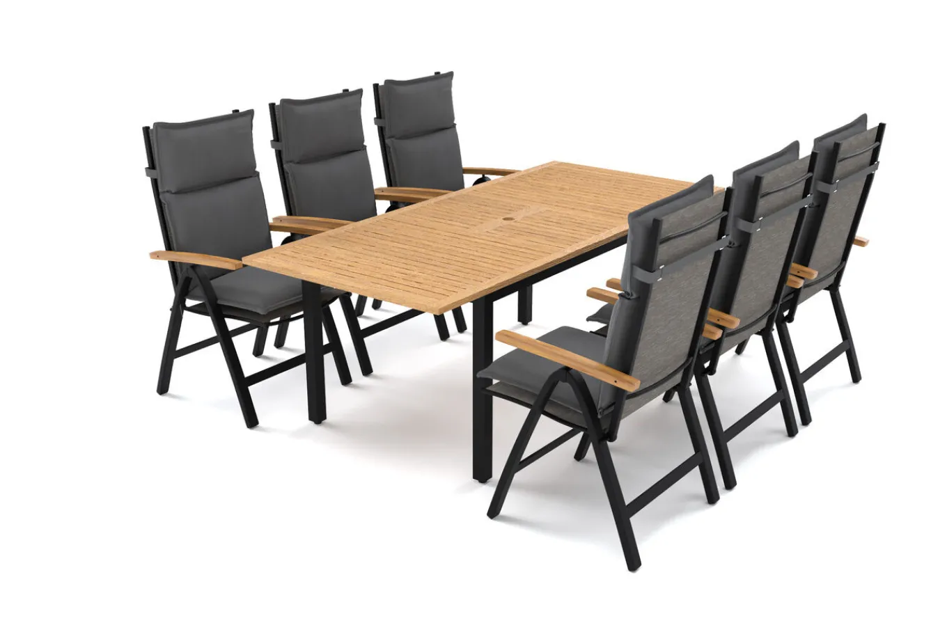Online Lagos Garten-Essgruppe, 6 Personen inkl. Sitzkissen, ausziehbarer Tisch 150–200 cm, Aluminium/Eukalyptusholz FSC®-zertifiziert Garten-Essgruppen