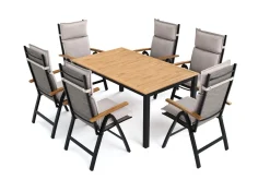 Best Lagos Garten-Essgruppe, schwarz/dunkelgrau, Alu/Eukalyptus/Textilene, 150/200 x 90 cm, ausziehbar, klappbar, witterungsbeständig, FSC®-zertifiziertes Produkt Garten-Essgruppen