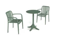 Online Pico Soft Balkon-Set, pestogrün, Kunststoff, Tisch Ø 70 cm und 2 Stapelsessel, UV-beständig, wetterfest Balkonmöbel-Set