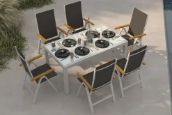 Best Sylvania Garten-Essgruppe mit 6 Klappstühlen, silber/anthrazit, Aluminium/Glas, inkl. Eukalyptus-Armlehnen, ausziehbarer Tisch 160/220 x 90 cm, FSC®-zertifiziertes Produkt Garten-Essgruppen