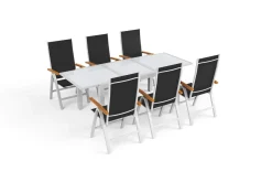 Best Sylvania Garten-Essgruppe mit 6 Klappstühlen, silber/anthrazit, Aluminium/Glas, inkl. Eukalyptus-Armlehnen, ausziehbarer Tisch 160/220 x 90 cm, FSC®-zertifiziertes Produkt Garten-Essgruppen