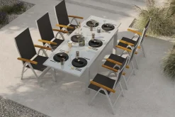 Best Sylvania Garten-Essgruppe mit 6 Klappstühlen, silber/anthrazit, Aluminium/Glas, inkl. Eukalyptus-Armlehnen, ausziehbarer Tisch 160/220 x 90 cm, FSC®-zertifiziertes Produkt Garten-Essgruppen