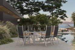 Best Sylvania Garten-Essgruppe mit 6 Klappstühlen, silber/anthrazit, Aluminium/Glas, inkl. Eukalyptus-Armlehnen, ausziehbarer Tisch 160/220 x 90 cm, FSC®-zertifiziertes Produkt Garten-Essgruppen