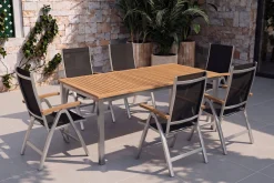 Sale Tasmania Garten-Essgruppe mit 6 Klappstühlen, silber, Alu / Eukalyptus / Textilene, Tisch 180 x 90 cm, FSC®-zertifiziertes Produkt Garten-Essgruppen|Aluminium-Gartenmöbel