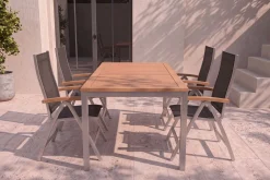 Online Tasmania Garten-Essgruppe, silber, Alu / Eukalyptus / Textilene, Tisch 180 x 90 cm, 4 Klappstühle, FSC®-zertifiziertes Produkt Garten-Essgruppen|Aluminium-Gartenmöbel