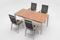 Online Tasmania Garten-Essgruppe, silber, Alu / Eukalyptus / Textilene, Tisch 180 x 90 cm, 4 Klappstühle, FSC®-zertifiziertes Produkt Garten-Essgruppen|Aluminium-Gartenmöbel