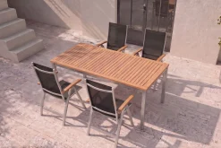 Online Tasmania Garten-Essgruppe, silber, Alu / Eukalyptus / Textilene, Tisch 180 x 90 cm, 4 Klappstühle, FSC®-zertifiziertes Produkt Garten-Essgruppen|Aluminium-Gartenmöbel