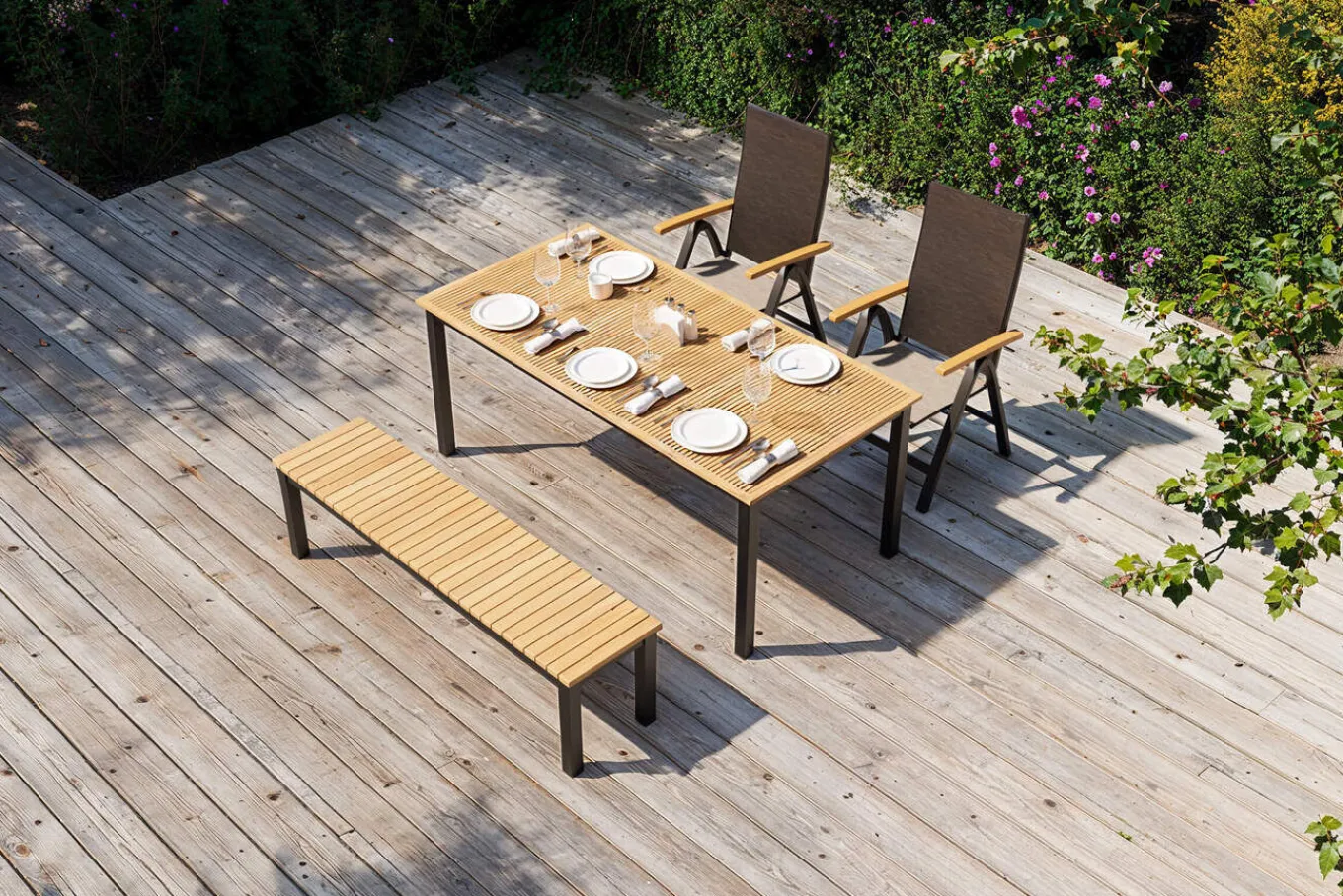 Online Tasmania Garten-Essgruppe mit Bank und 2 Klappstühlen, anthrazit/natur, Aluminium/Eukalyptus, Tischplatte 180 x 90 cm, FSC®-zertifiziertes Produkt Garten-Essgruppen