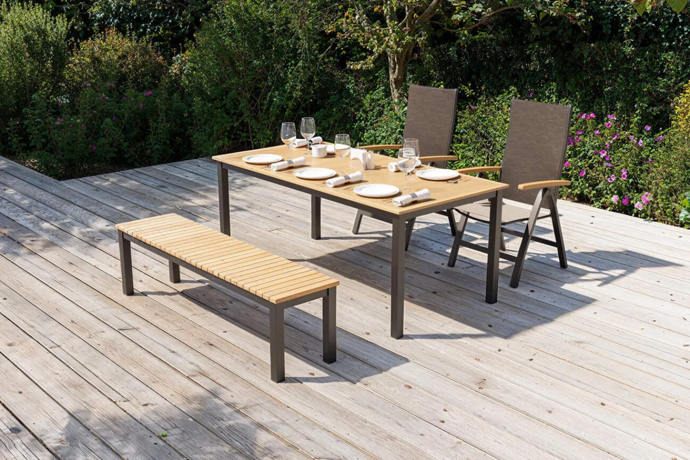 Online Tasmania Garten-Essgruppe mit Bank und 2 Klappstühlen, anthrazit/natur, Aluminium/Eukalyptus, Tischplatte 180 x 90 cm, FSC®-zertifiziertes Produkt Garten-Essgruppen